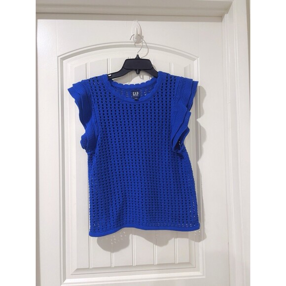GAP Women’s Royal Blue Flutter Sleeve Cotton Crochet Sweater Top Size Small NWOT - Picture 5 of 10
